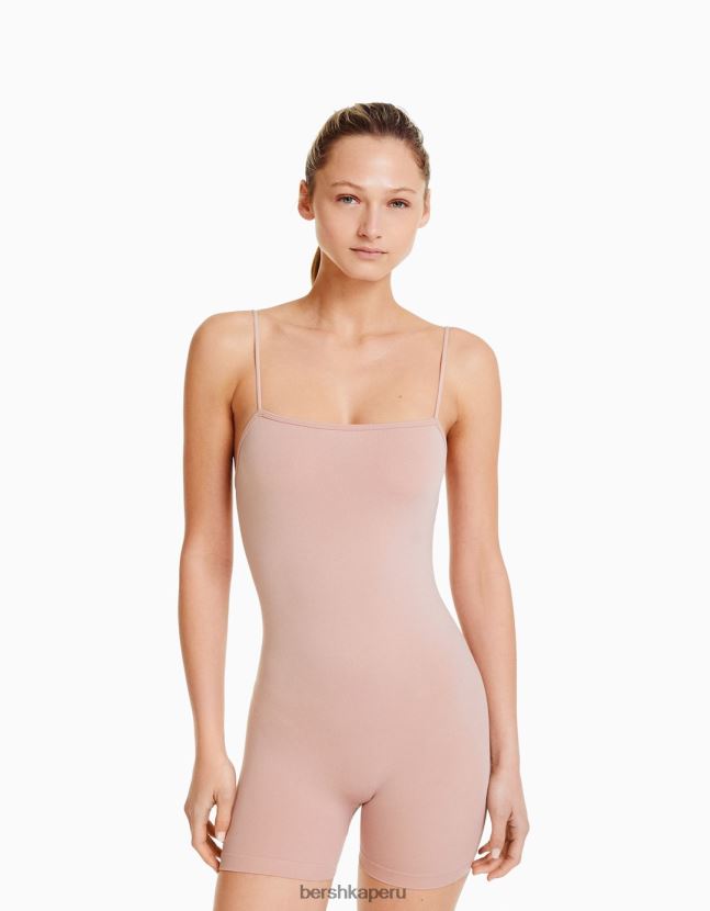 rosa Bershka mujer mono de ciclismo sin costuras con tiras y escote cuadrado 806J6B58