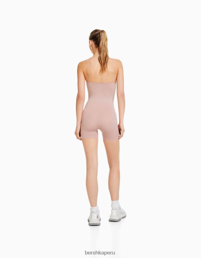 rosa Bershka mujer mono de ciclismo sin costuras con tiras y escote cuadrado 806J6B58