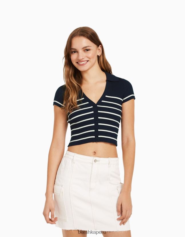 azul Bershka mujer top de manga corta con cuello de polo 806J6B1061