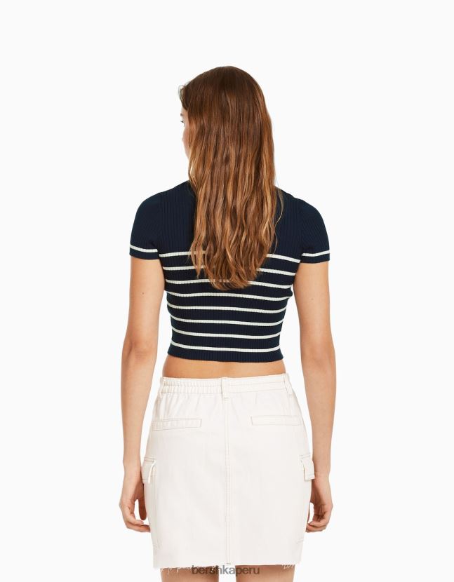 azul Bershka mujer top de manga corta con cuello de polo 806J6B1061