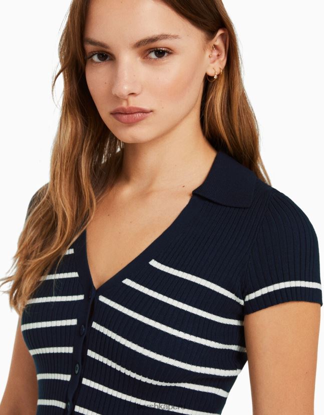 azul Bershka mujer top de manga corta con cuello de polo 806J6B1061