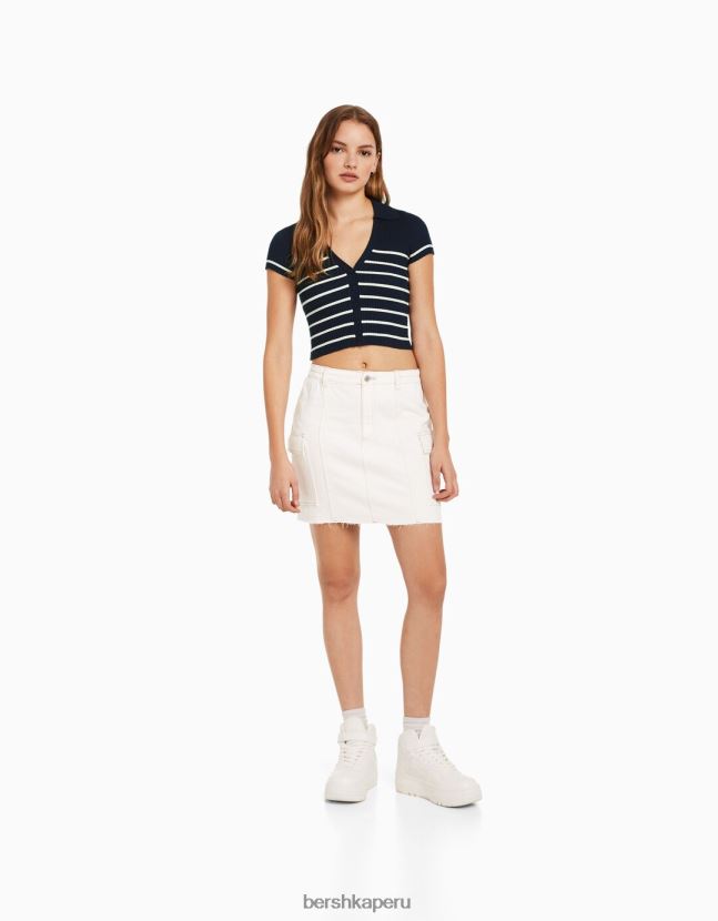 azul Bershka mujer top de manga corta con cuello de polo 806J6B1061