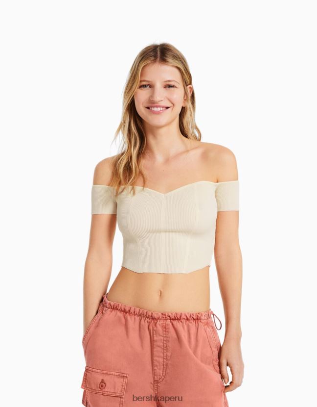 beige Bershka mujer corsé de punto con hombros descubiertos y manga corta 806J6B970
