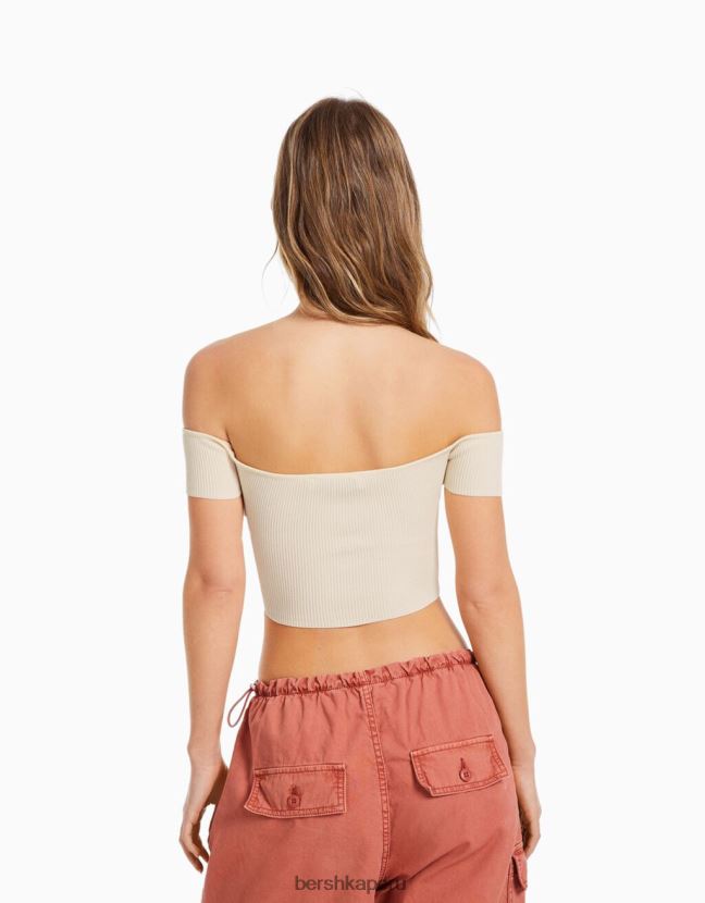 beige Bershka mujer corsé de punto con hombros descubiertos y manga corta 806J6B970