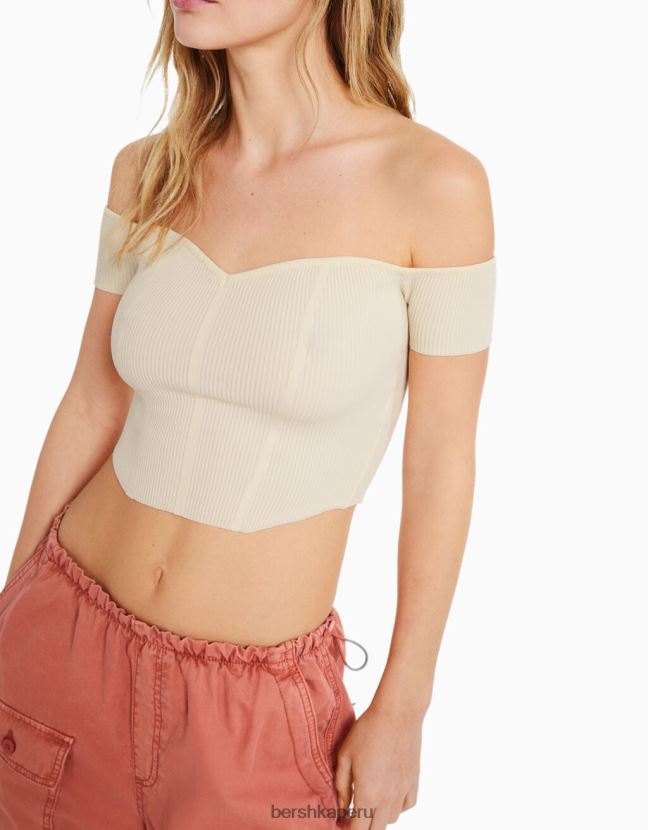 beige Bershka mujer corsé de punto con hombros descubiertos y manga corta 806J6B970