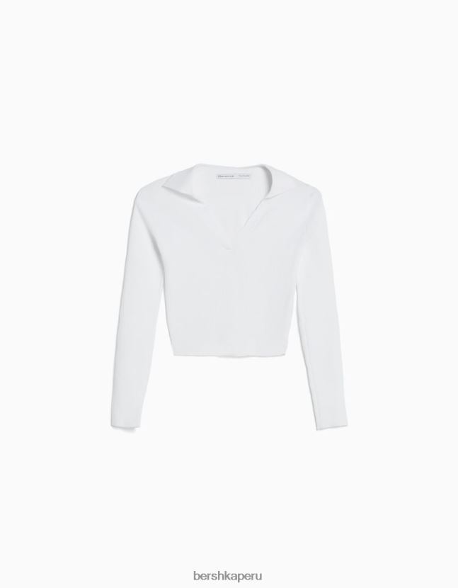 blanco Bershka mujer top de canalé con cuello de polo 806J6B1039
