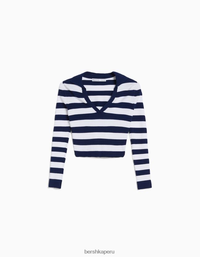 crema Bershka mujer top de canalé con rayas y cuello de polo 806J6B1038
