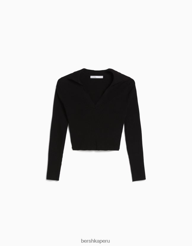 negro Bershka mujer top de canalé con cuello de polo 806J6B1037