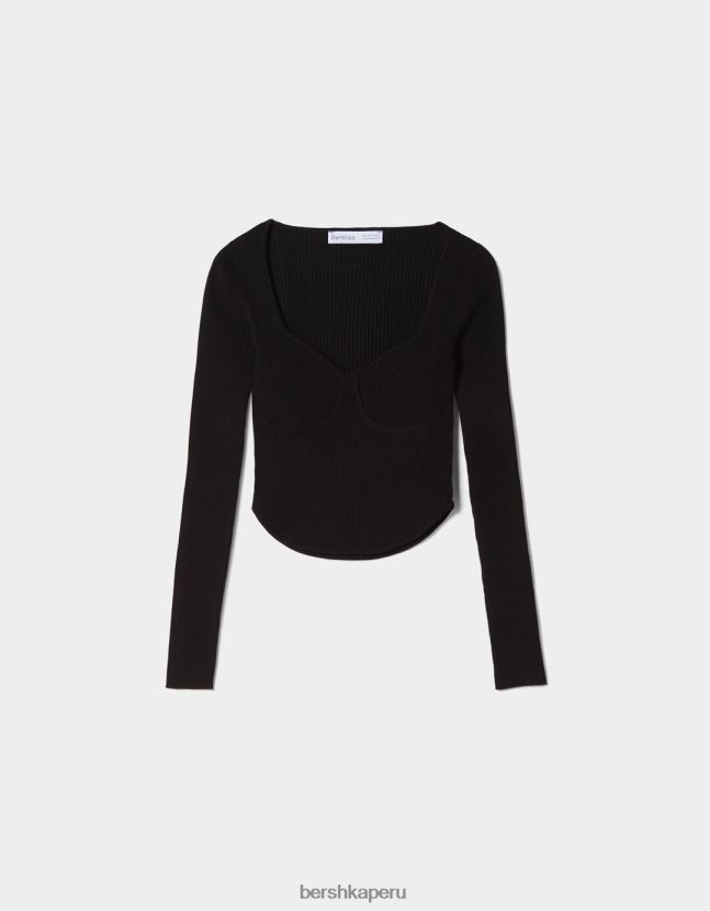 negro Bershka mujer top tejido de canalé estilo corsé 806J6B1017
