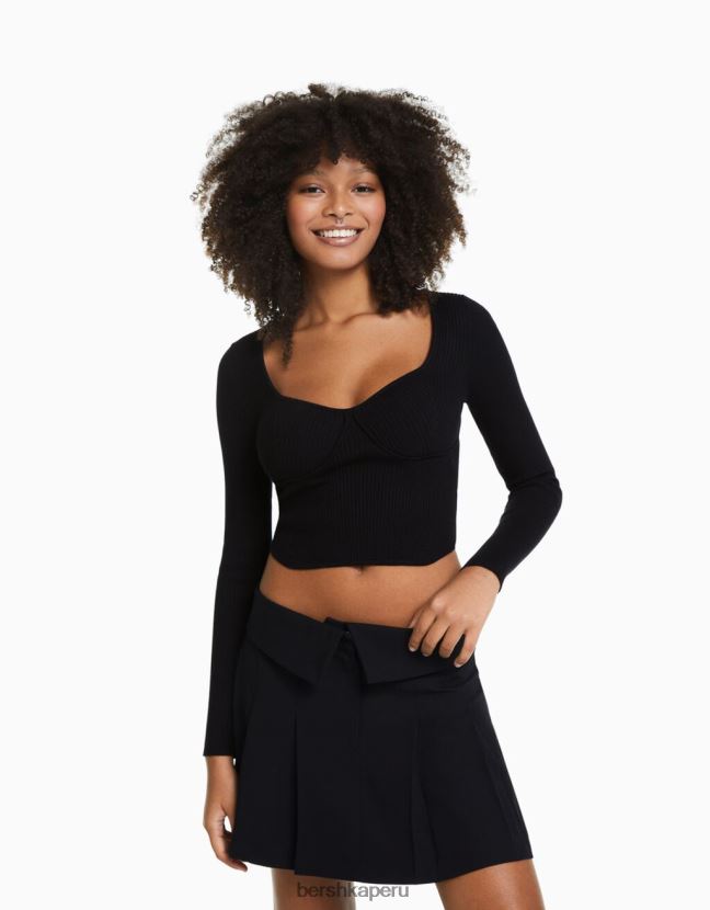 negro Bershka mujer top tejido de canalé estilo corsé 806J6B1018