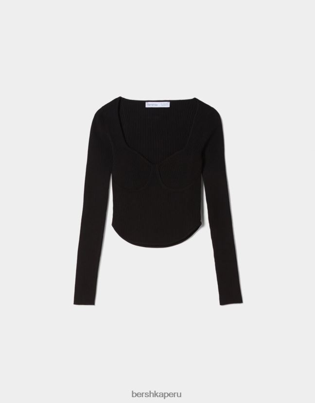 negro Bershka mujer top tejido de canalé estilo corsé 806J6B1018