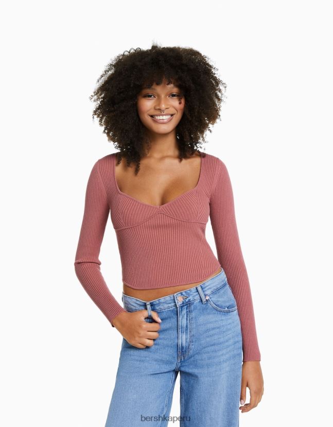 rosa Bershka mujer top tejido de canalé estilo corsé 806J6B1019