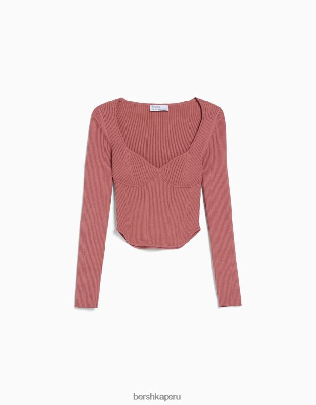 rosa Bershka mujer top tejido de canalé estilo corsé 806J6B1019