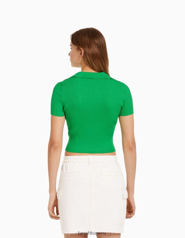 verde Bershka mujer top de manga corta con cuello de polo 806J6B1062