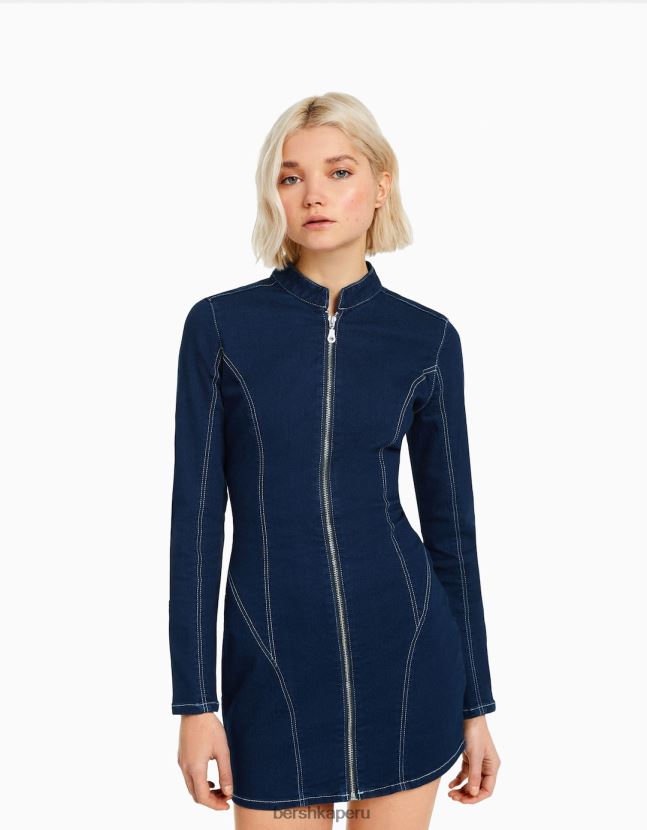 Armada Bershka mujer vestido vaquero ajustado de manga larga con hilo en contraste 806J6B82