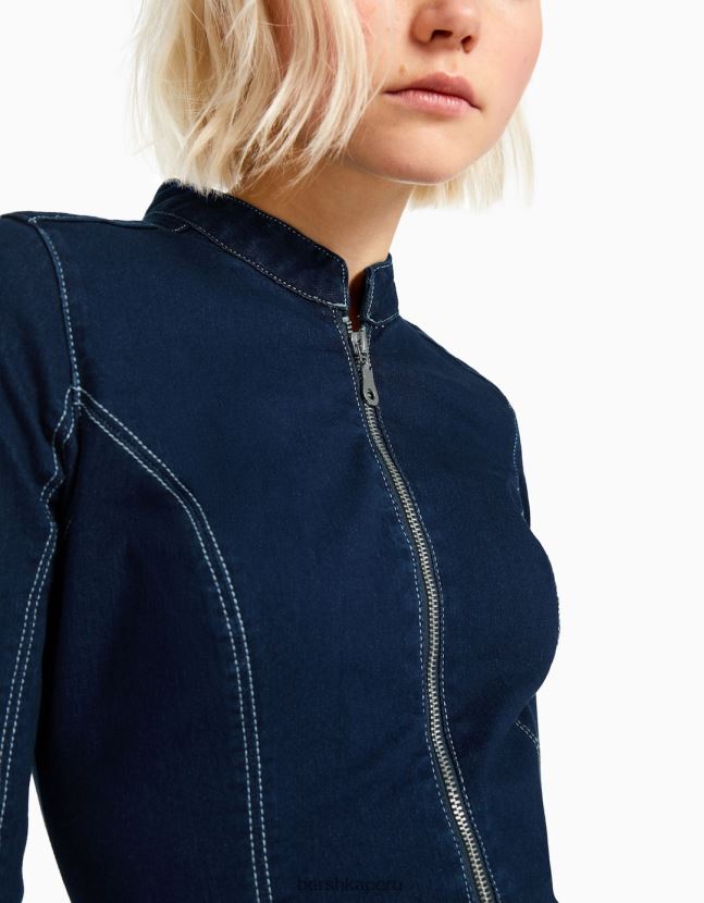 Armada Bershka mujer vestido vaquero ajustado de manga larga con hilo en contraste 806J6B82