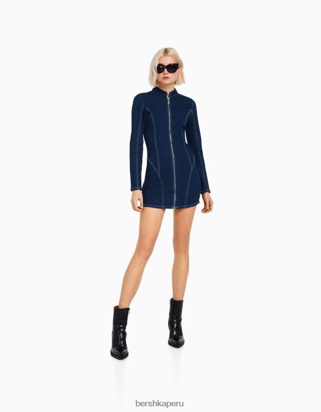 Armada Bershka mujer vestido vaquero ajustado de manga larga con hilo en contraste 806J6B82