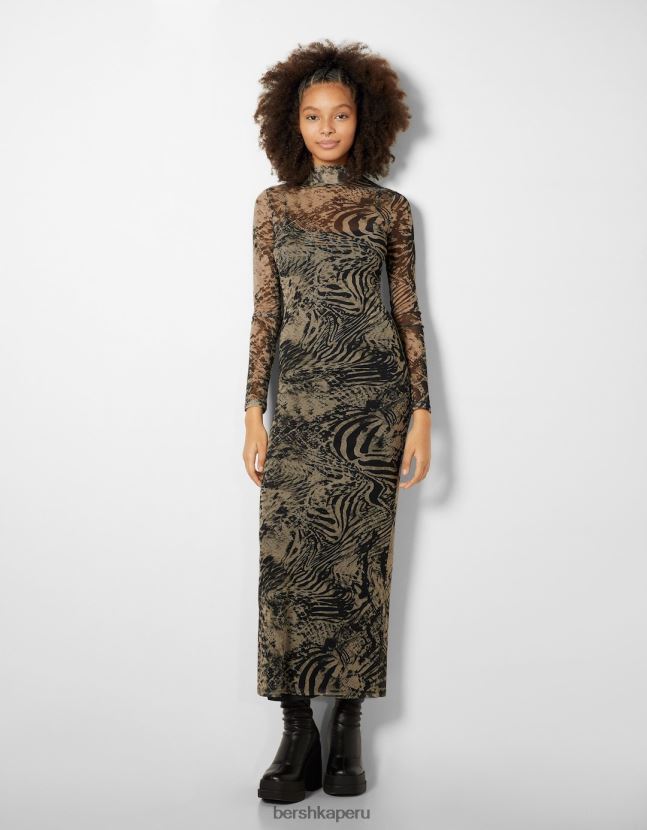 Violeta Bershka mujer vestido largo de tul con manga larga y estampado 806J6B247