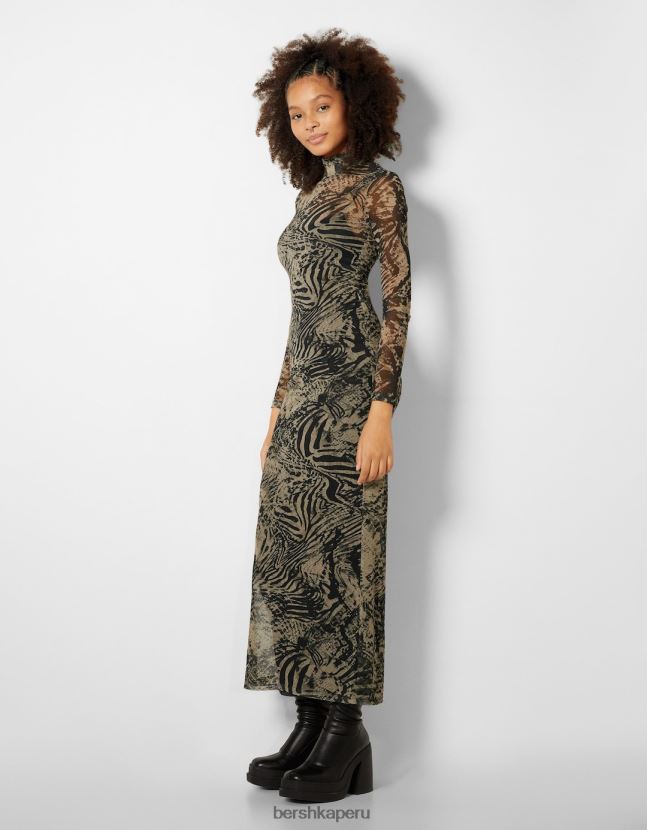Violeta Bershka mujer vestido largo de tul con manga larga y estampado 806J6B247