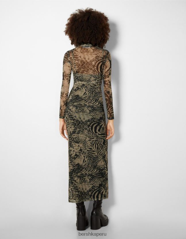 Violeta Bershka mujer vestido largo de tul con manga larga y estampado 806J6B247