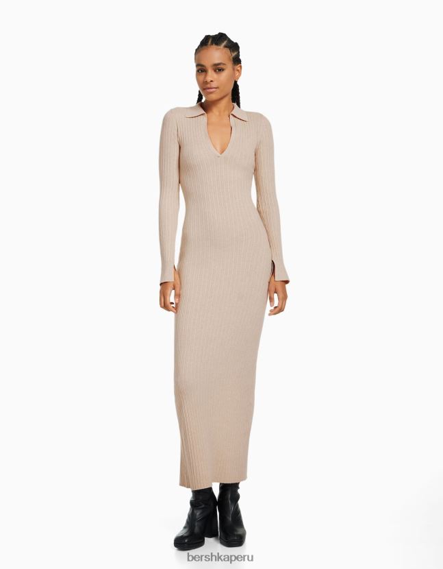 arena Bershka mujer vestido largo de punto con cuello de polo 806J6B253