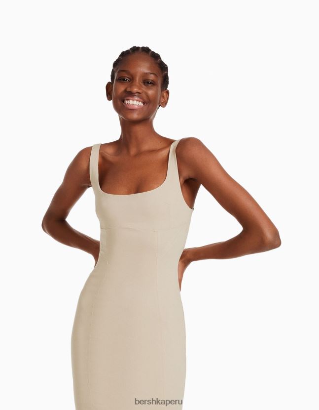 arena Bershka mujer vestido midi ajustado con tirantes anchos 806J6B184