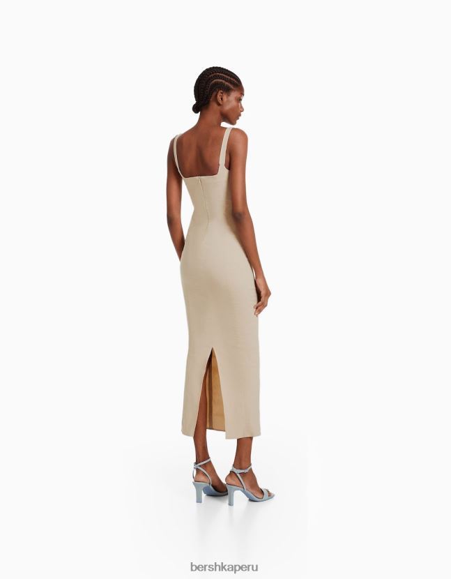 arena Bershka mujer vestido midi ajustado con tirantes anchos 806J6B184