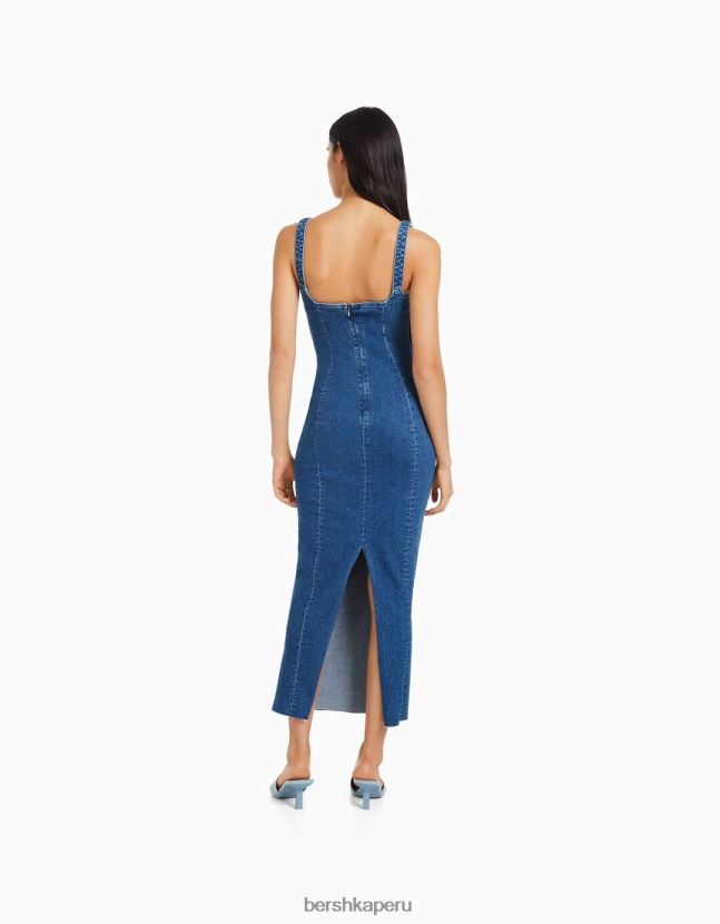 azul Bershka mujer vestido largo de mezclilla con tirantes 806J6B26