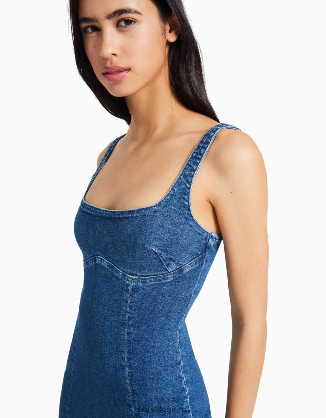 azul Bershka mujer vestido largo de mezclilla con tirantes 806J6B26