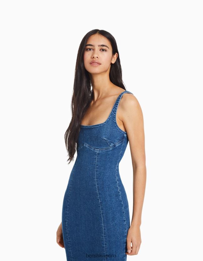azul Bershka mujer vestido largo de mezclilla con tirantes 806J6B26