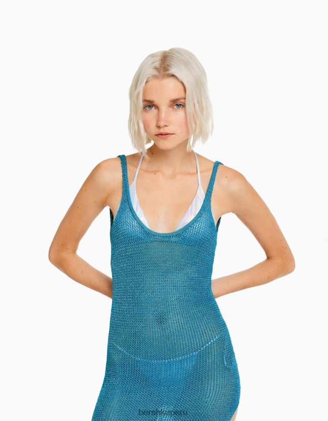 azul Bershka mujer vestido largo de punto brillante con tiras 806J6B172