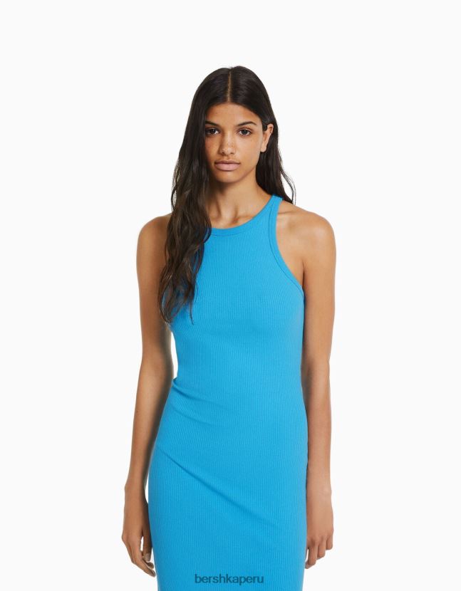 azul Bershka mujer vestido midi de canalé sin mangas 806J6B2