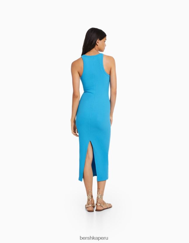 azul Bershka mujer vestido midi de canalé sin mangas 806J6B2