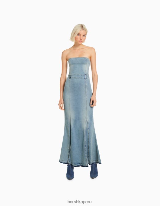 azul Bershka mujer vestido vaquero largo palabra de honor 806J6B109