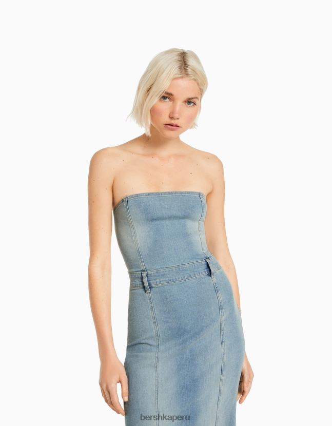 azul Bershka mujer vestido vaquero largo palabra de honor 806J6B109