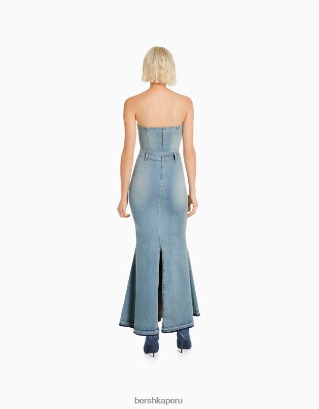 azul Bershka mujer vestido vaquero largo palabra de honor 806J6B109
