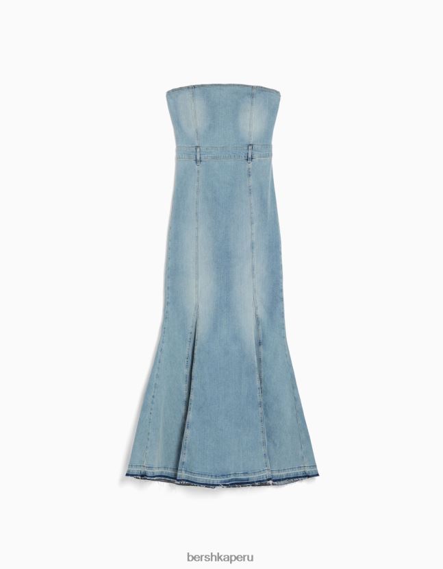 azul Bershka mujer vestido vaquero largo palabra de honor 806J6B109