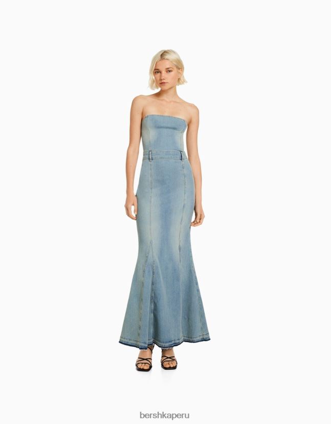 azul Bershka mujer vestido vaquero largo palabra de honor 806J6B1912