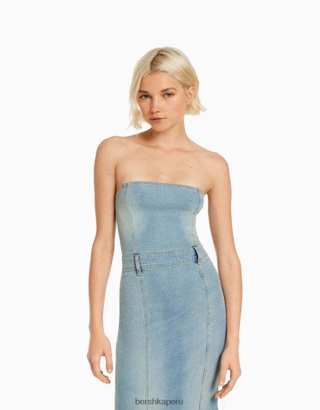 azul Bershka mujer vestido vaquero largo palabra de honor 806J6B1912