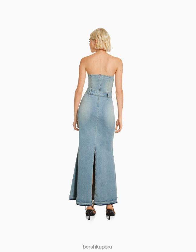 azul Bershka mujer vestido vaquero largo palabra de honor 806J6B1912