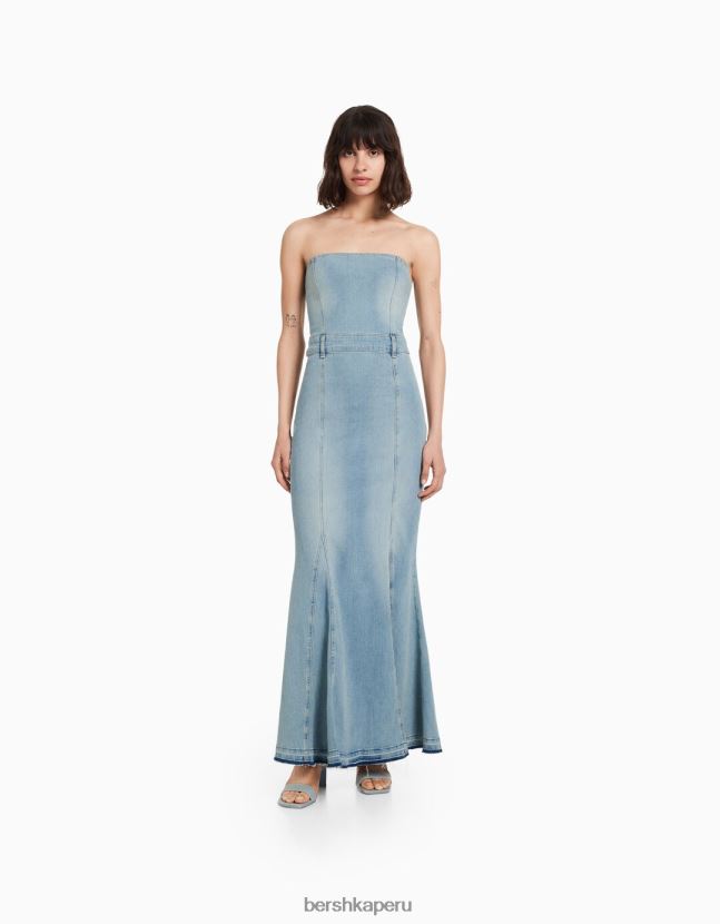 azul Bershka mujer vestido vaquero largo palabra de honor 806J6B1922