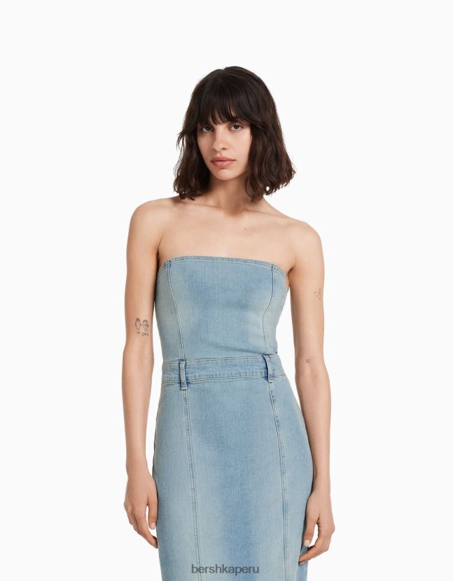 azul Bershka mujer vestido vaquero largo palabra de honor 806J6B1922