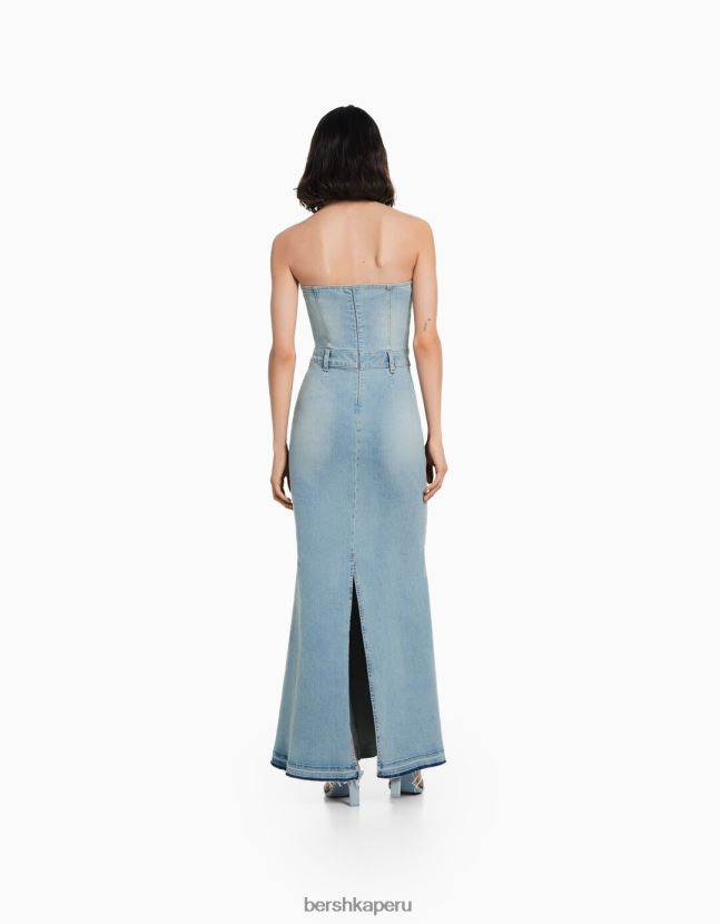 azul Bershka mujer vestido vaquero largo palabra de honor 806J6B1922