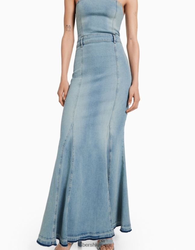 azul Bershka mujer vestido vaquero largo palabra de honor 806J6B1922