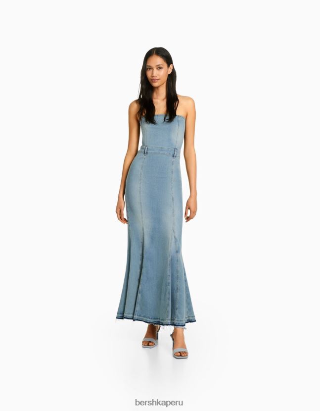 azul Bershka mujer vestido vaquero largo palabra de honor 806J6B1945
