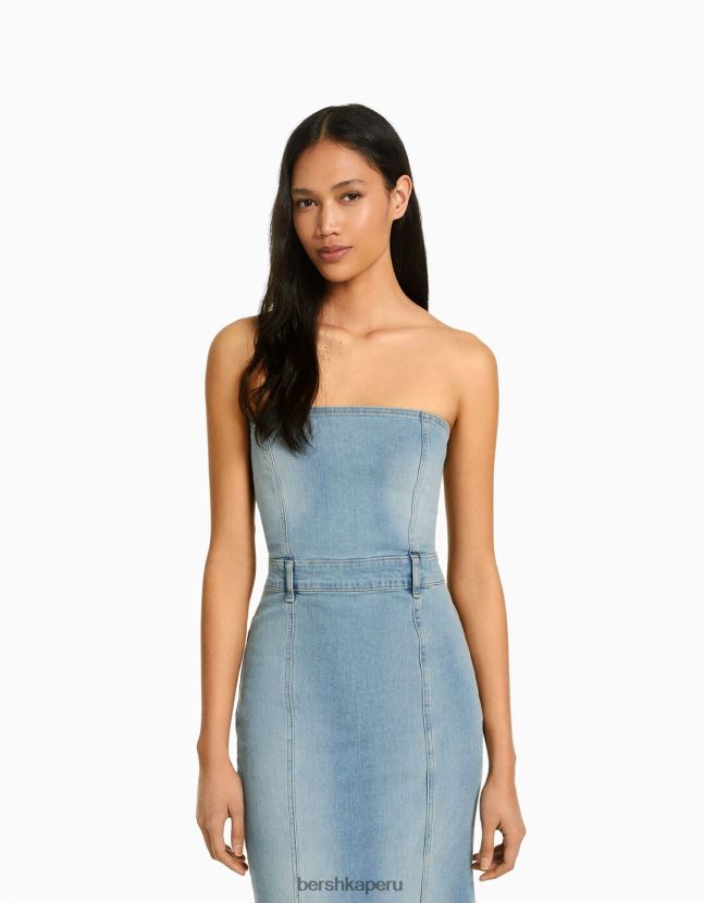 azul Bershka mujer vestido vaquero largo palabra de honor 806J6B1945