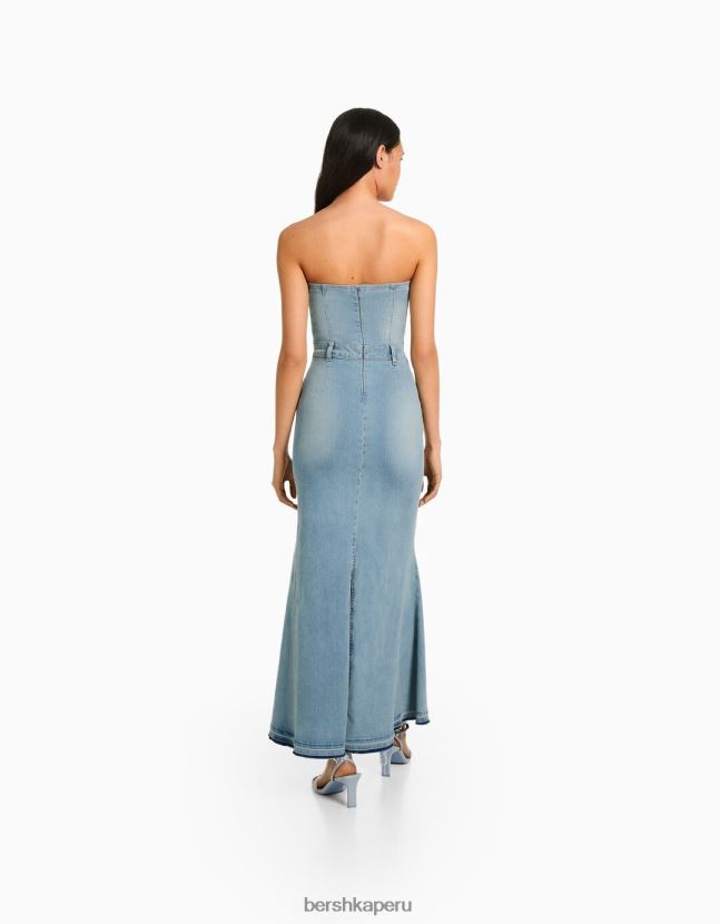 azul Bershka mujer vestido vaquero largo palabra de honor 806J6B1945