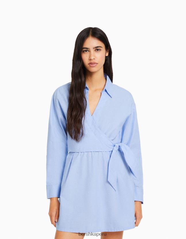 azul claro Bershka mujer mini vestido camisero de manga larga con detalle cruzado 806J6B111