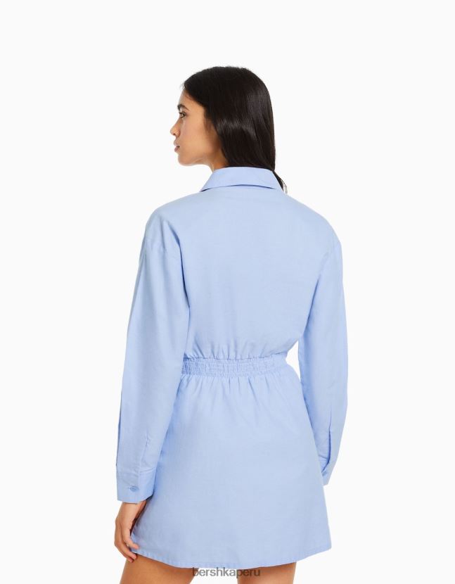 azul claro Bershka mujer mini vestido camisero de manga larga con detalle cruzado 806J6B111
