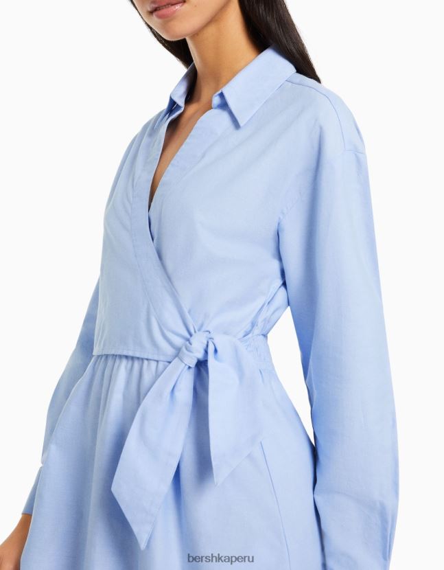 azul claro Bershka mujer mini vestido camisero de manga larga con detalle cruzado 806J6B111